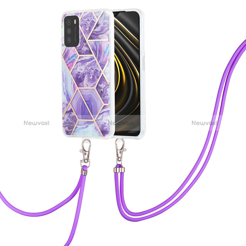 Silicone Candy Rubber Gel Fashionable Pattern Soft Case Cover with Lanyard Strap Y01B for Xiaomi Poco M3 Purple