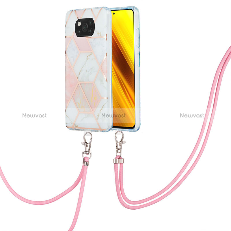 Silicone Candy Rubber Gel Fashionable Pattern Soft Case Cover with Lanyard Strap Y01B for Xiaomi Poco X3 NFC Pink