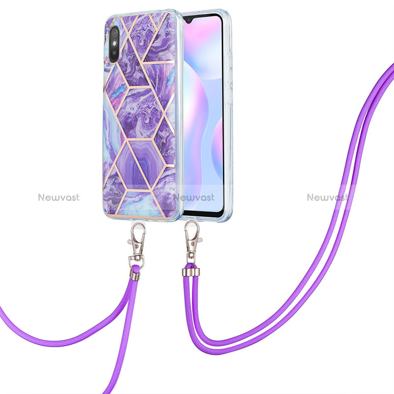 Silicone Candy Rubber Gel Fashionable Pattern Soft Case Cover with Lanyard Strap Y01B for Xiaomi Redmi 9A Purple