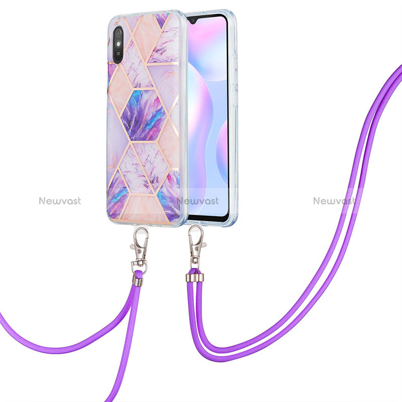 Silicone Candy Rubber Gel Fashionable Pattern Soft Case Cover with Lanyard Strap Y01B for Xiaomi Redmi 9AT Clove Purple