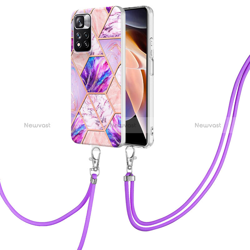 Silicone Candy Rubber Gel Fashionable Pattern Soft Case Cover with Lanyard Strap Y01B for Xiaomi Redmi Note 11 Pro+ Plus 5G Clove Purple