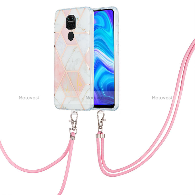 Silicone Candy Rubber Gel Fashionable Pattern Soft Case Cover with Lanyard Strap Y01B for Xiaomi Redmi Note 9 Pink