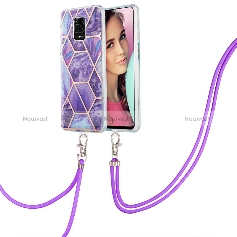 Silicone Candy Rubber Gel Fashionable Pattern Soft Case Cover with Lanyard Strap Y01B for Xiaomi Redmi Note 9 Pro Max Purple
