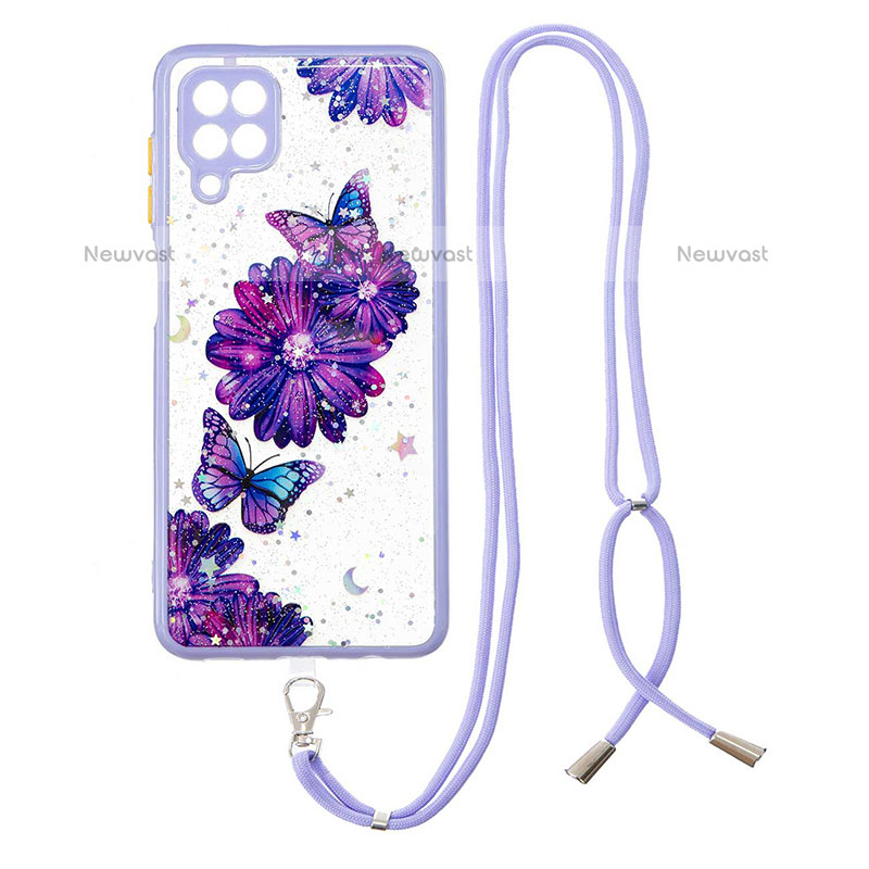 Silicone Candy Rubber Gel Fashionable Pattern Soft Case Cover with Lanyard Strap Y01X for Samsung Galaxy A12 Purple