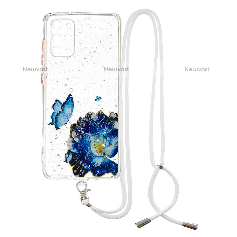 Silicone Candy Rubber Gel Fashionable Pattern Soft Case Cover with Lanyard Strap Y01X for Samsung Galaxy S20 Plus 5G Blue