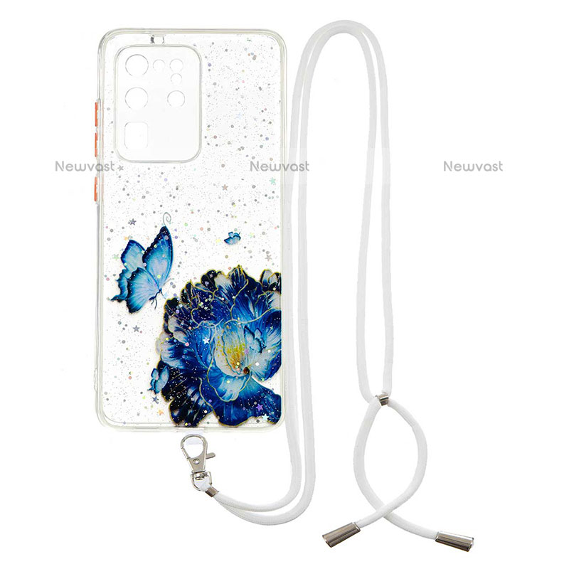 Silicone Candy Rubber Gel Fashionable Pattern Soft Case Cover with Lanyard Strap Y01X for Samsung Galaxy S20 Ultra 5G Blue