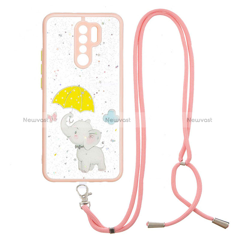 Silicone Candy Rubber Gel Fashionable Pattern Soft Case Cover with Lanyard Strap Y01X for Xiaomi Redmi 9 Prime India Yellow