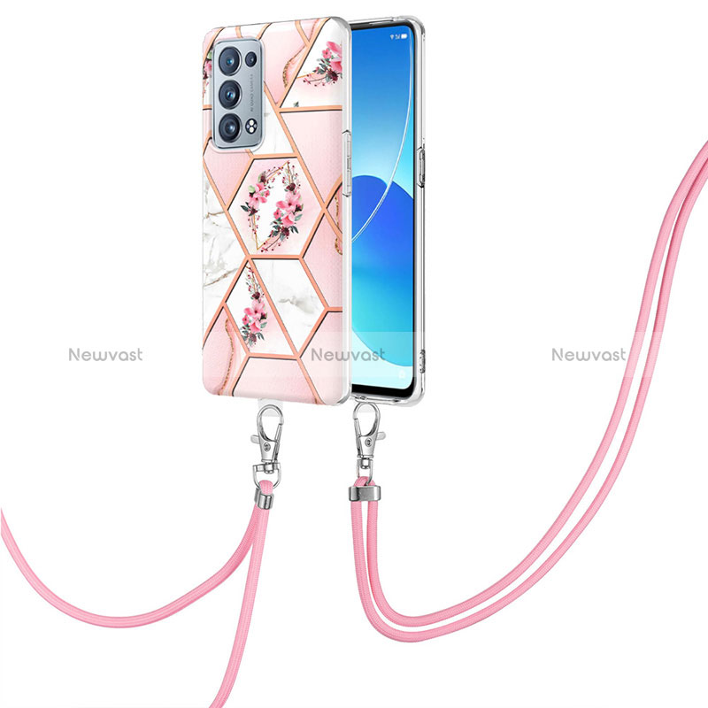 Silicone Candy Rubber Gel Fashionable Pattern Soft Case Cover with Lanyard Strap Y02B for Oppo Reno6 Pro 5G Pink