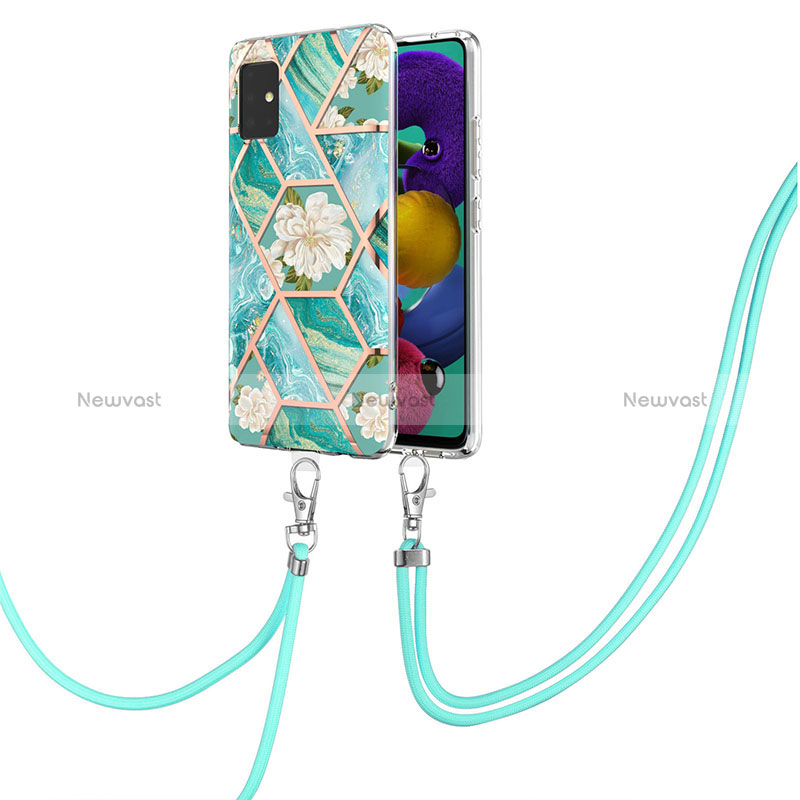 Silicone Candy Rubber Gel Fashionable Pattern Soft Case Cover with Lanyard Strap Y02B for Samsung Galaxy A51 5G Green