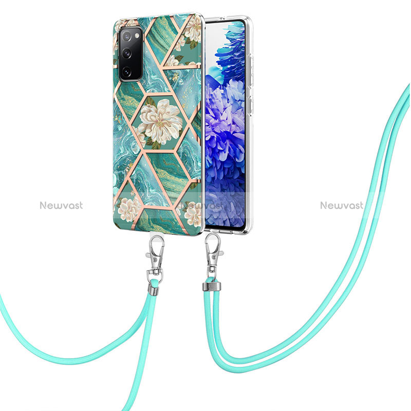 Silicone Candy Rubber Gel Fashionable Pattern Soft Case Cover with Lanyard Strap Y02B for Samsung Galaxy S20 FE 5G Green