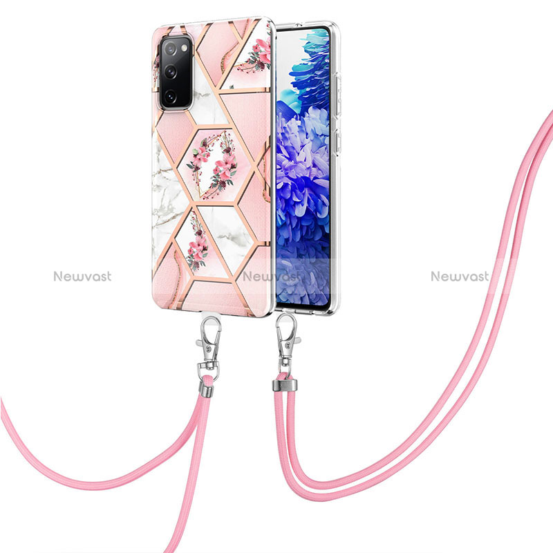 Silicone Candy Rubber Gel Fashionable Pattern Soft Case Cover with Lanyard Strap Y02B for Samsung Galaxy S20 FE 5G Pink