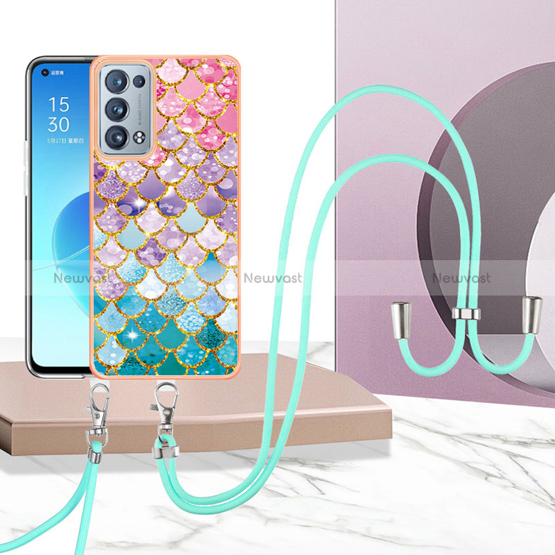 Silicone Candy Rubber Gel Fashionable Pattern Soft Case Cover with Lanyard Strap Y03B for Oppo Reno6 Pro 5G
