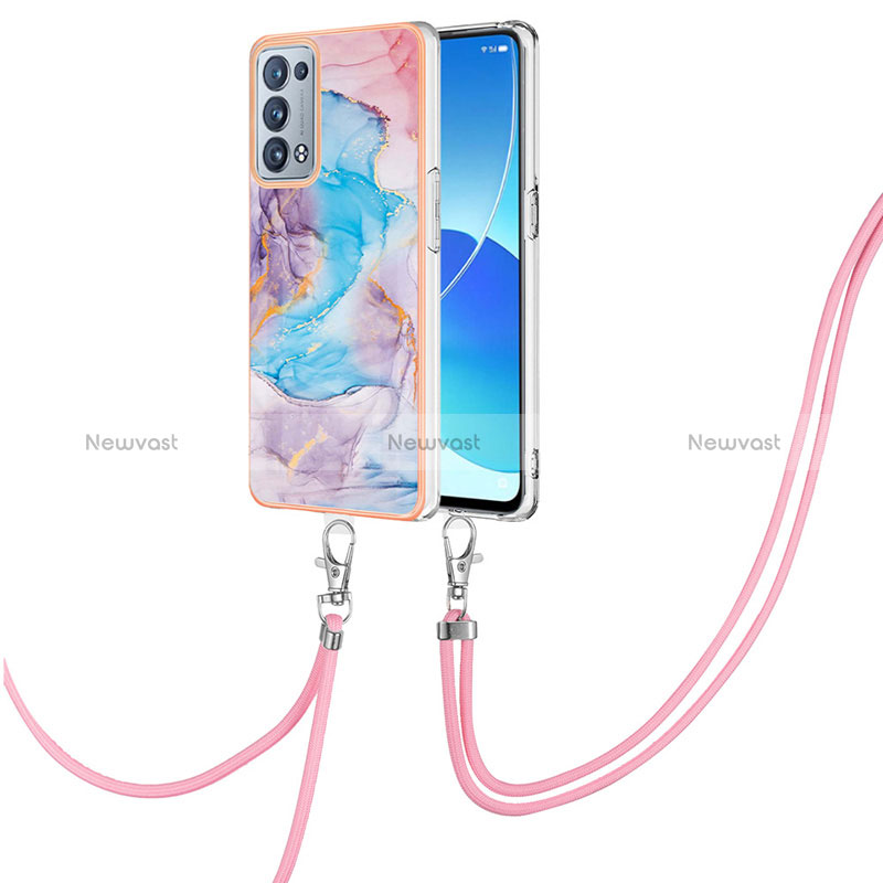 Silicone Candy Rubber Gel Fashionable Pattern Soft Case Cover with Lanyard Strap Y03B for Oppo Reno6 Pro 5G Blue