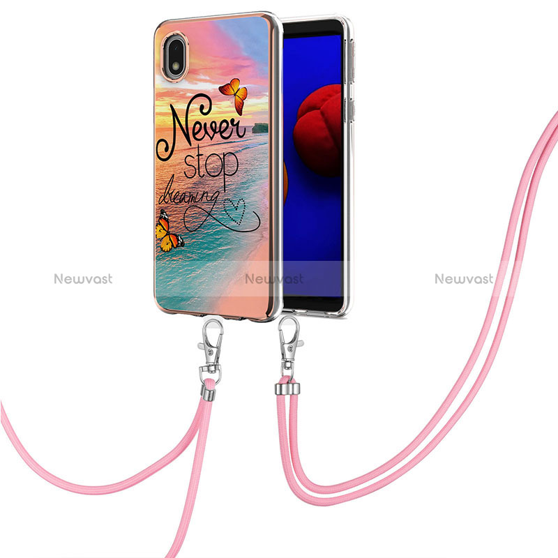 Silicone Candy Rubber Gel Fashionable Pattern Soft Case Cover with Lanyard Strap Y03B for Samsung Galaxy A01 Core