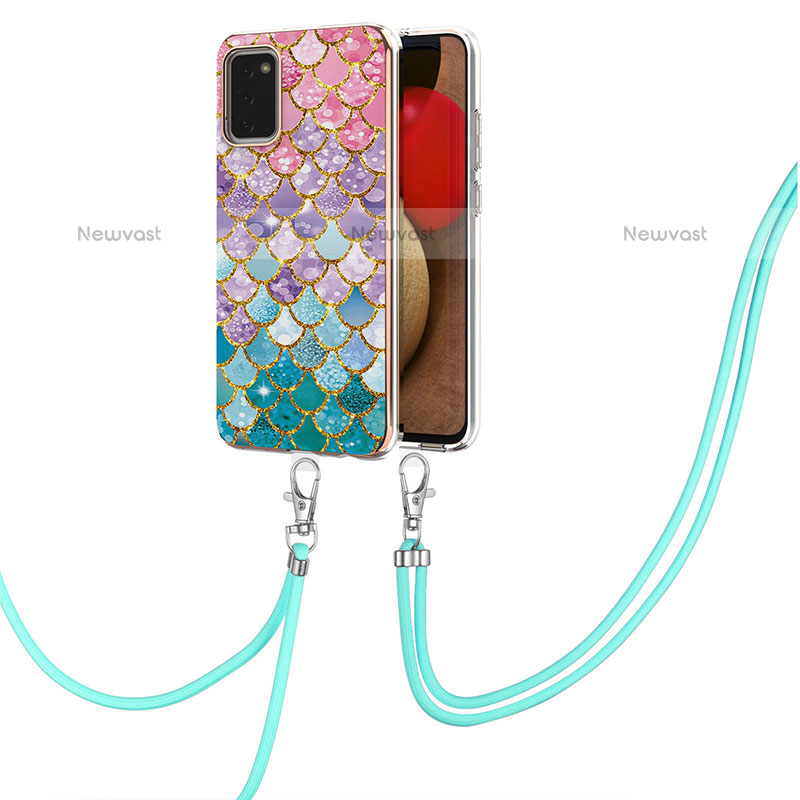 Silicone Candy Rubber Gel Fashionable Pattern Soft Case Cover with Lanyard Strap Y03B for Samsung Galaxy A02s