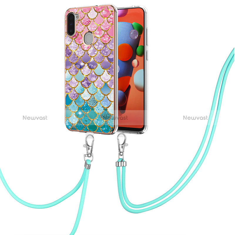 Silicone Candy Rubber Gel Fashionable Pattern Soft Case Cover with Lanyard Strap Y03B for Samsung Galaxy A11