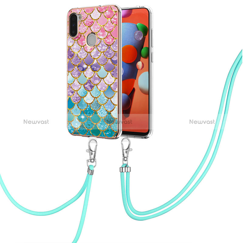 Silicone Candy Rubber Gel Fashionable Pattern Soft Case Cover with Lanyard Strap Y03B for Samsung Galaxy A11 Colorful