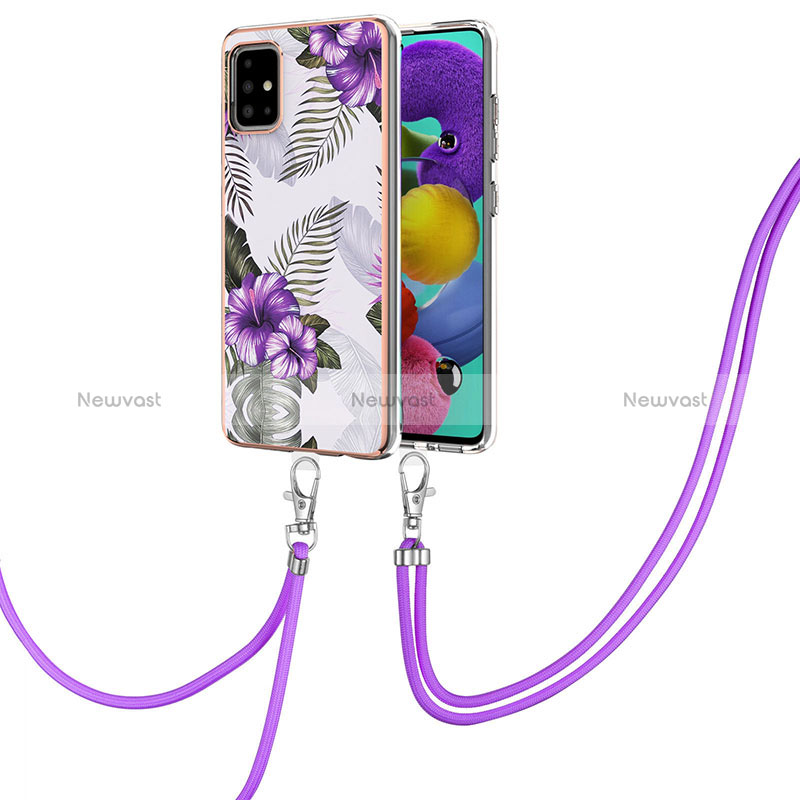 Silicone Candy Rubber Gel Fashionable Pattern Soft Case Cover with Lanyard Strap Y03B for Samsung Galaxy A51 5G Purple