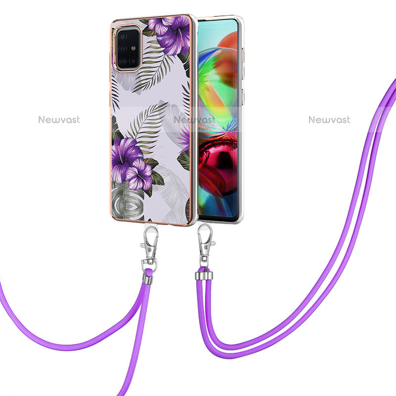 Silicone Candy Rubber Gel Fashionable Pattern Soft Case Cover with Lanyard Strap Y03B for Samsung Galaxy A71 4G A715 Purple