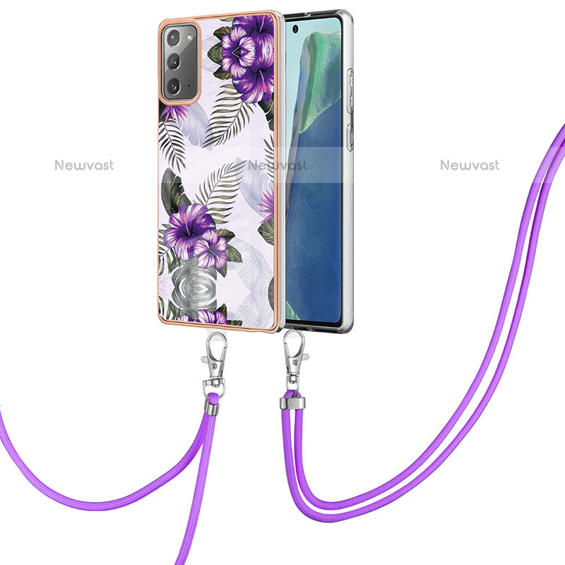 Silicone Candy Rubber Gel Fashionable Pattern Soft Case Cover with Lanyard Strap Y03B for Samsung Galaxy Note 20 5G Purple