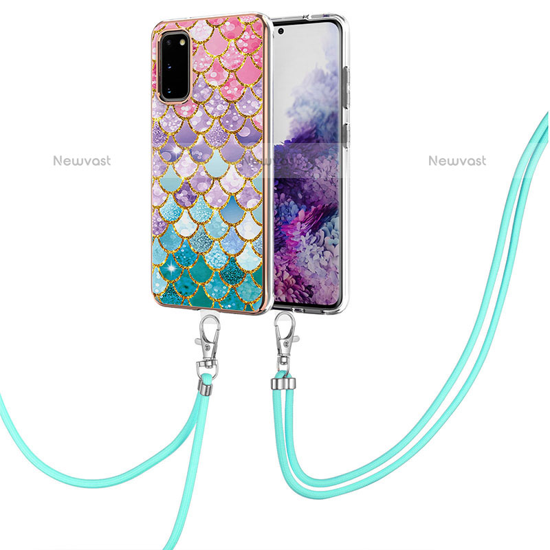 Silicone Candy Rubber Gel Fashionable Pattern Soft Case Cover with Lanyard Strap Y03B for Samsung Galaxy S20 5G Colorful