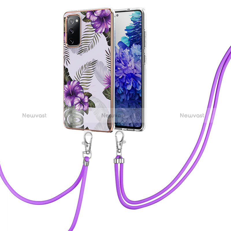 Silicone Candy Rubber Gel Fashionable Pattern Soft Case Cover with Lanyard Strap Y03B for Samsung Galaxy S20 FE 5G Purple