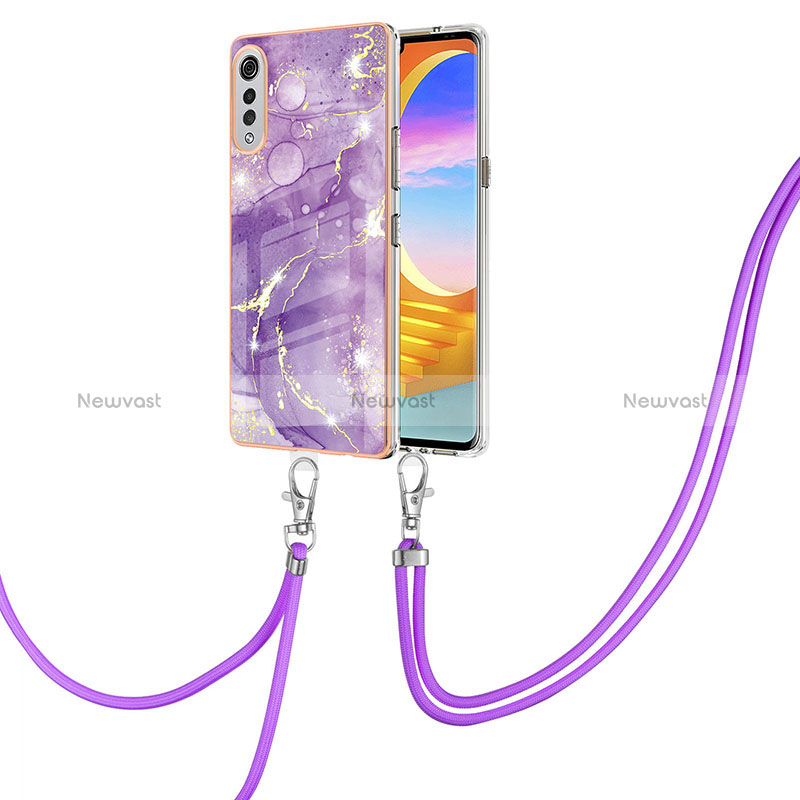Silicone Candy Rubber Gel Fashionable Pattern Soft Case Cover with Lanyard Strap Y05B for LG Velvet 4G Purple