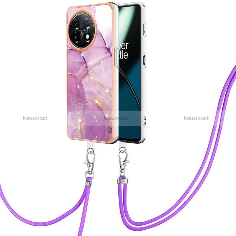 Silicone Candy Rubber Gel Fashionable Pattern Soft Case Cover with Lanyard Strap Y05B for OnePlus 11 5G Clove Purple
