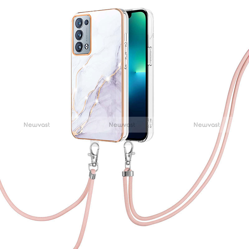 Silicone Candy Rubber Gel Fashionable Pattern Soft Case Cover with Lanyard Strap Y05B for Oppo Reno6 Pro+ Plus 5G White