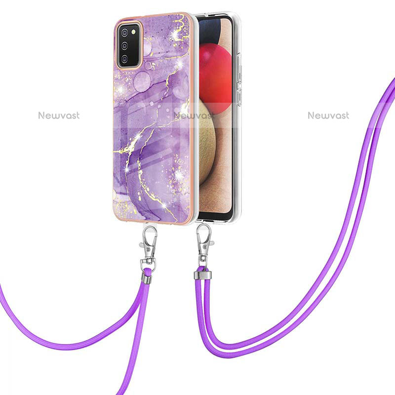 Silicone Candy Rubber Gel Fashionable Pattern Soft Case Cover with Lanyard Strap Y05B for Samsung Galaxy A02s Purple
