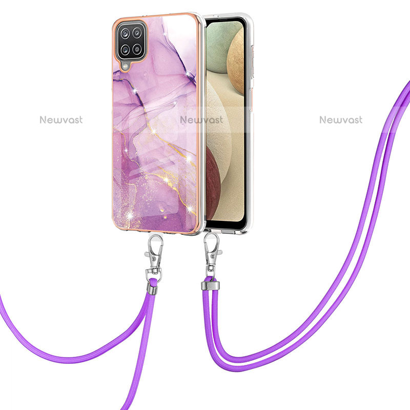 Silicone Candy Rubber Gel Fashionable Pattern Soft Case Cover with Lanyard Strap Y05B for Samsung Galaxy A12 Clove Purple