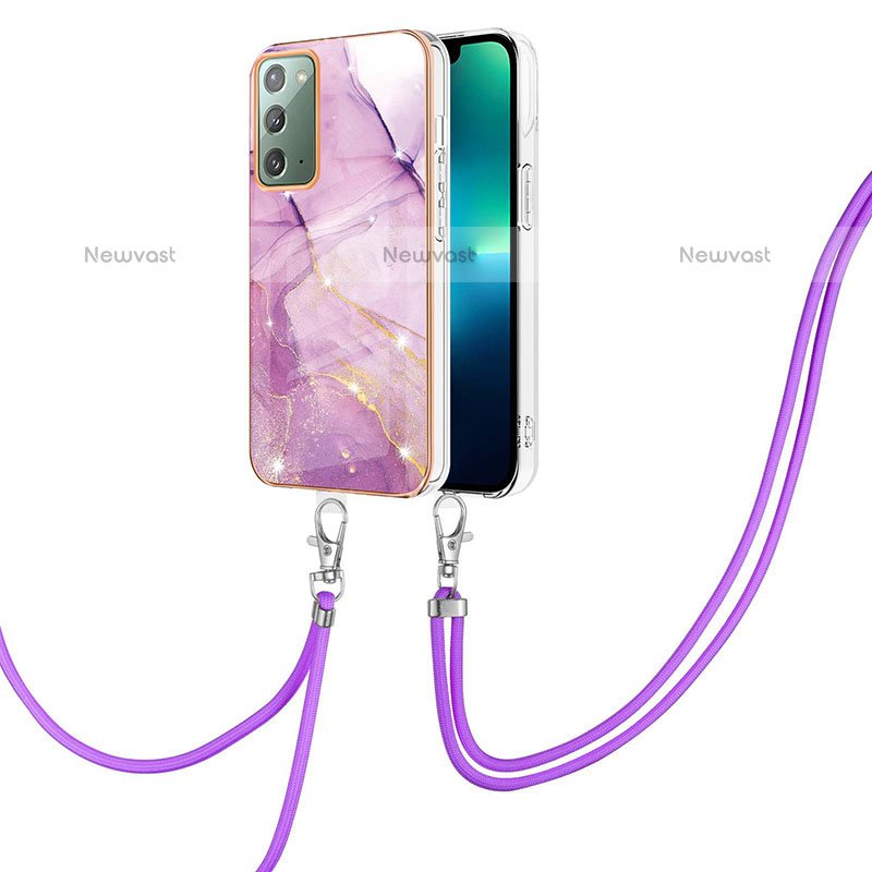 Silicone Candy Rubber Gel Fashionable Pattern Soft Case Cover with Lanyard Strap Y05B for Samsung Galaxy Note 20 5G Clove Purple