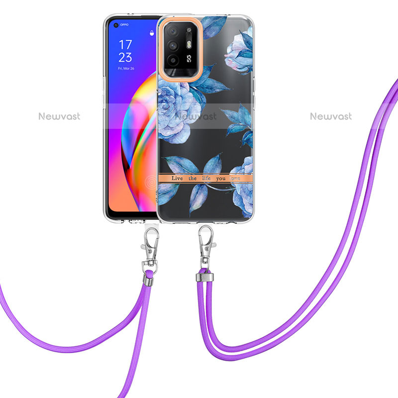 Silicone Candy Rubber Gel Fashionable Pattern Soft Case Cover with Lanyard Strap Y06B for Oppo F19 Pro+ Plus 5G Blue