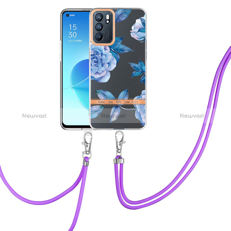 Silicone Candy Rubber Gel Fashionable Pattern Soft Case Cover with Lanyard Strap Y06B for Oppo Reno6 5G Blue