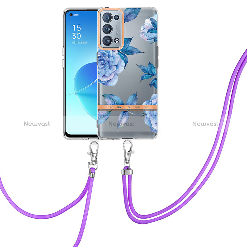 Silicone Candy Rubber Gel Fashionable Pattern Soft Case Cover with Lanyard Strap Y06B for Oppo Reno6 Pro 5G Blue