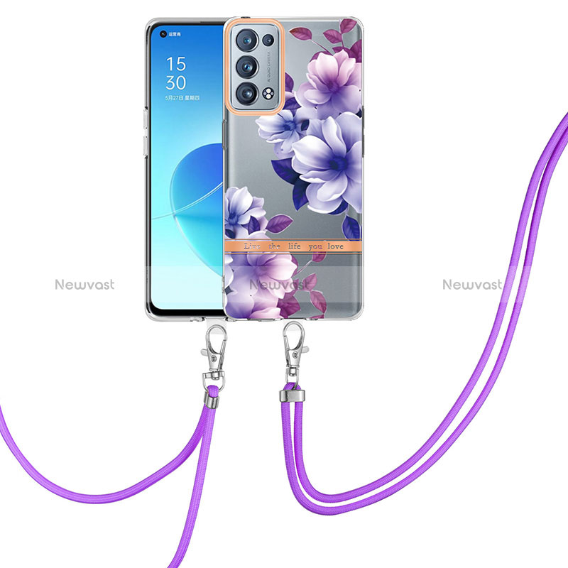 Silicone Candy Rubber Gel Fashionable Pattern Soft Case Cover with Lanyard Strap Y06B for Oppo Reno6 Pro 5G Purple