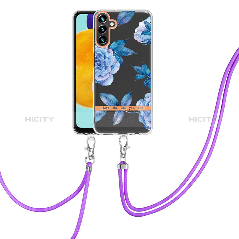 Silicone Candy Rubber Gel Fashionable Pattern Soft Case Cover with Lanyard Strap Y06B for Samsung Galaxy A04s Blue