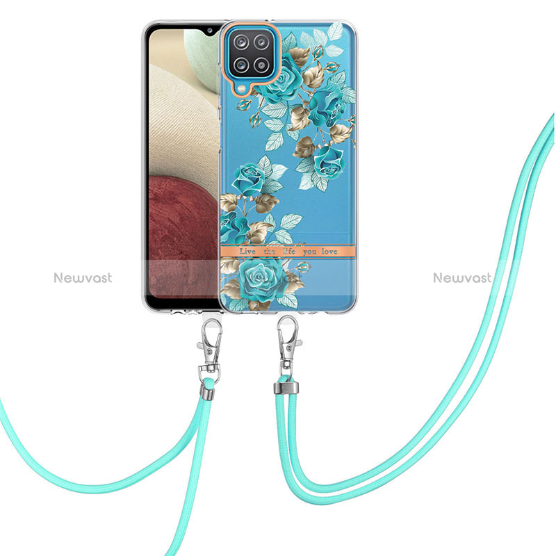 Silicone Candy Rubber Gel Fashionable Pattern Soft Case Cover with Lanyard Strap Y06B for Samsung Galaxy A12 Nacho Cyan