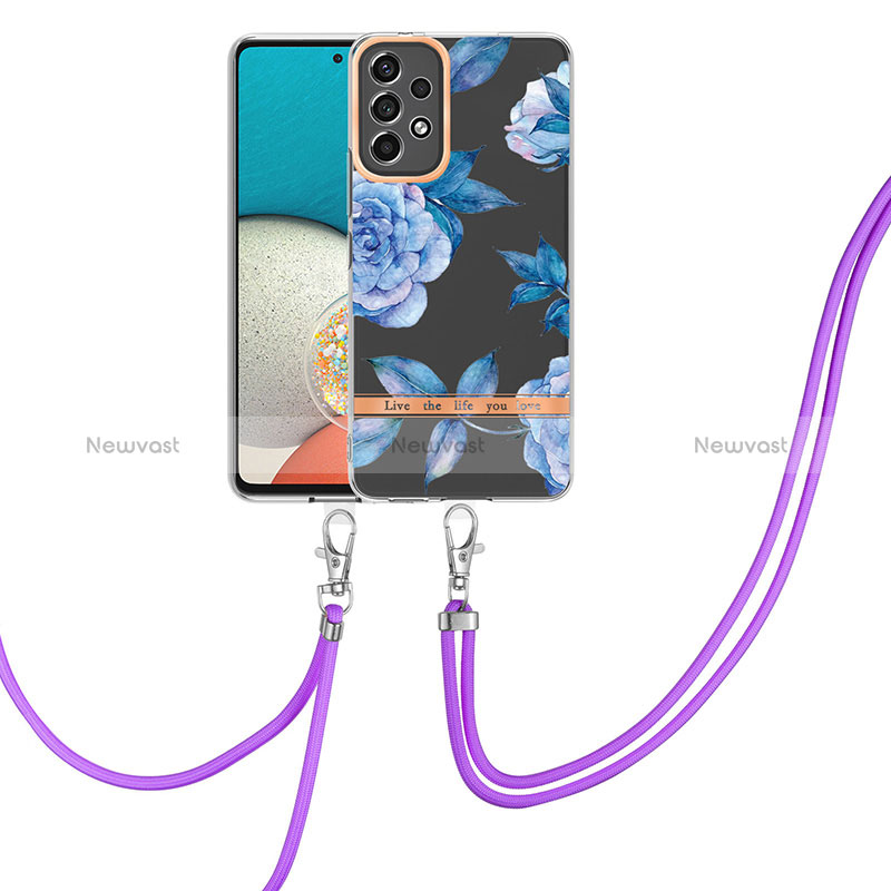 Silicone Candy Rubber Gel Fashionable Pattern Soft Case Cover with Lanyard Strap Y06B for Samsung Galaxy A23 4G Blue