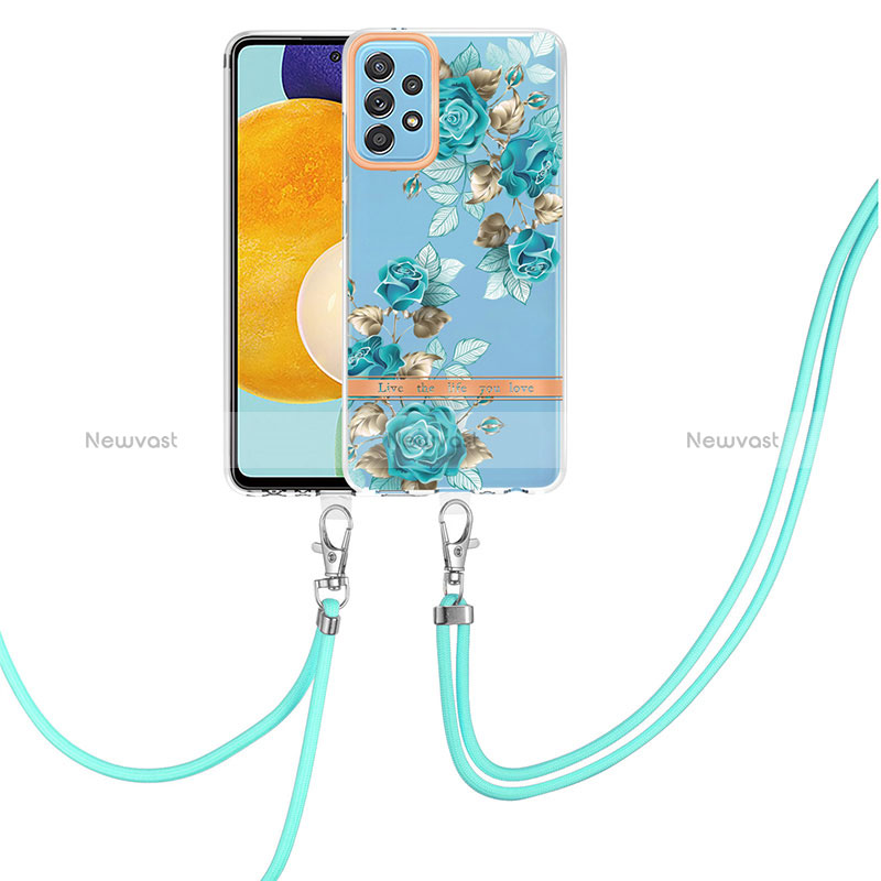Silicone Candy Rubber Gel Fashionable Pattern Soft Case Cover with Lanyard Strap Y06B for Samsung Galaxy A52 5G Cyan