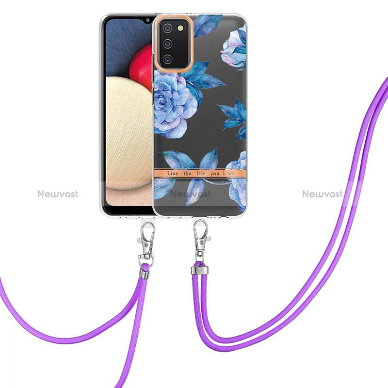 Silicone Candy Rubber Gel Fashionable Pattern Soft Case Cover with Lanyard Strap Y06B for Samsung Galaxy M02s Blue