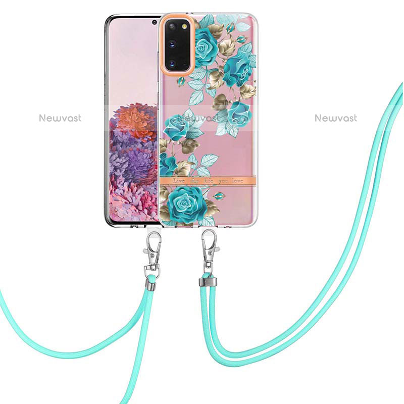 Silicone Candy Rubber Gel Fashionable Pattern Soft Case Cover with Lanyard Strap Y06B for Samsung Galaxy S20 5G Cyan