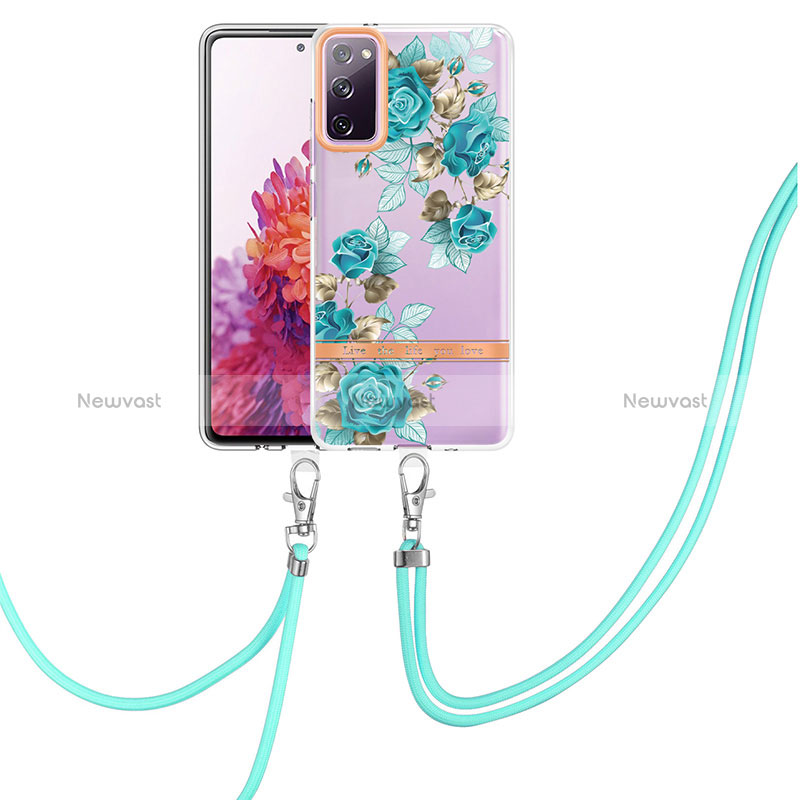 Silicone Candy Rubber Gel Fashionable Pattern Soft Case Cover with Lanyard Strap Y06B for Samsung Galaxy S20 FE (2022) 5G Cyan