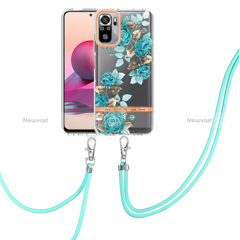 Silicone Candy Rubber Gel Fashionable Pattern Soft Case Cover with Lanyard Strap Y06B for Xiaomi Poco M5S Cyan
