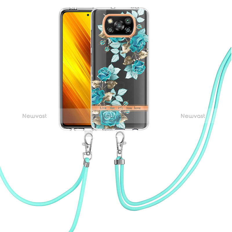 Silicone Candy Rubber Gel Fashionable Pattern Soft Case Cover with Lanyard Strap Y06B for Xiaomi Poco X3 NFC Cyan