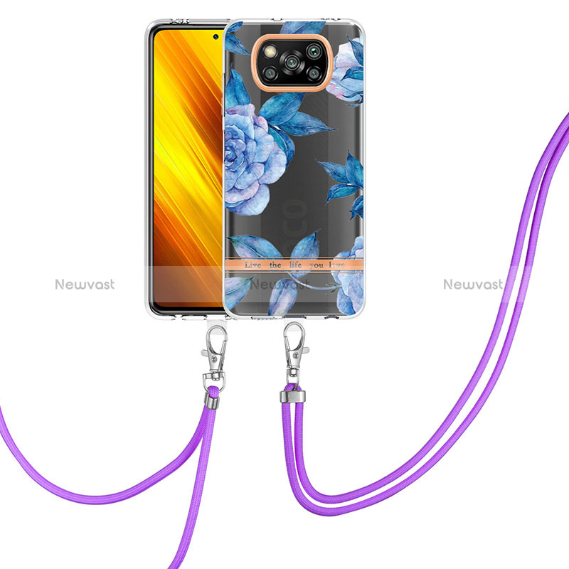 Silicone Candy Rubber Gel Fashionable Pattern Soft Case Cover with Lanyard Strap Y06B for Xiaomi Poco X3 Pro Blue