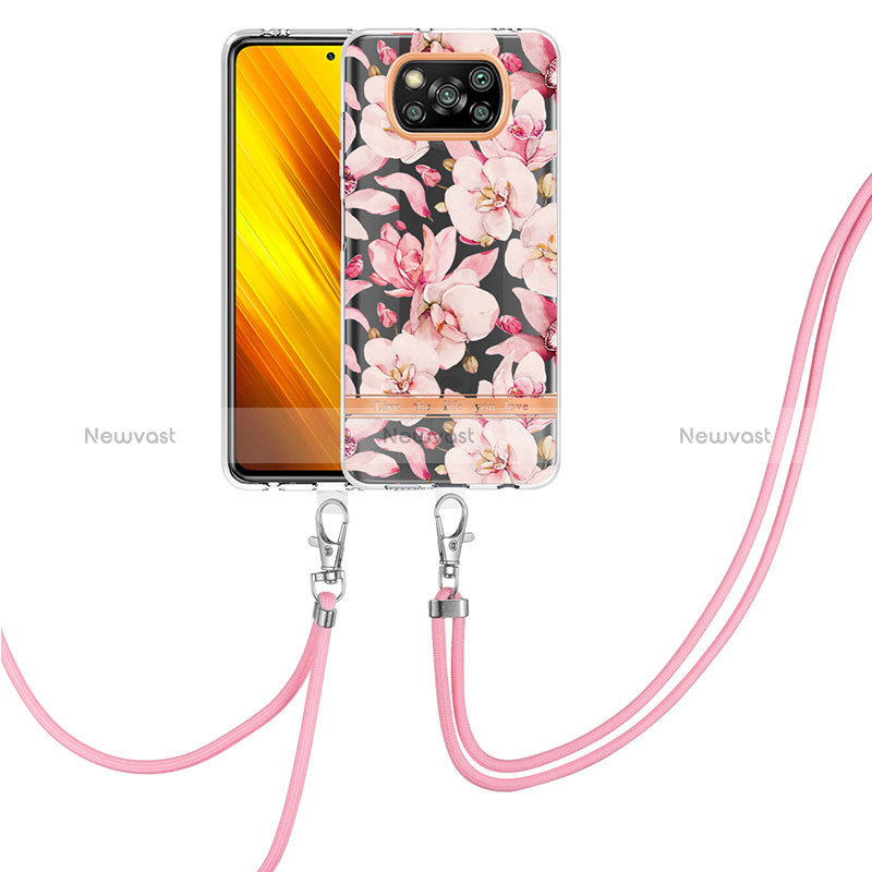 Silicone Candy Rubber Gel Fashionable Pattern Soft Case Cover with Lanyard Strap Y06B for Xiaomi Poco X3 Pro Pink