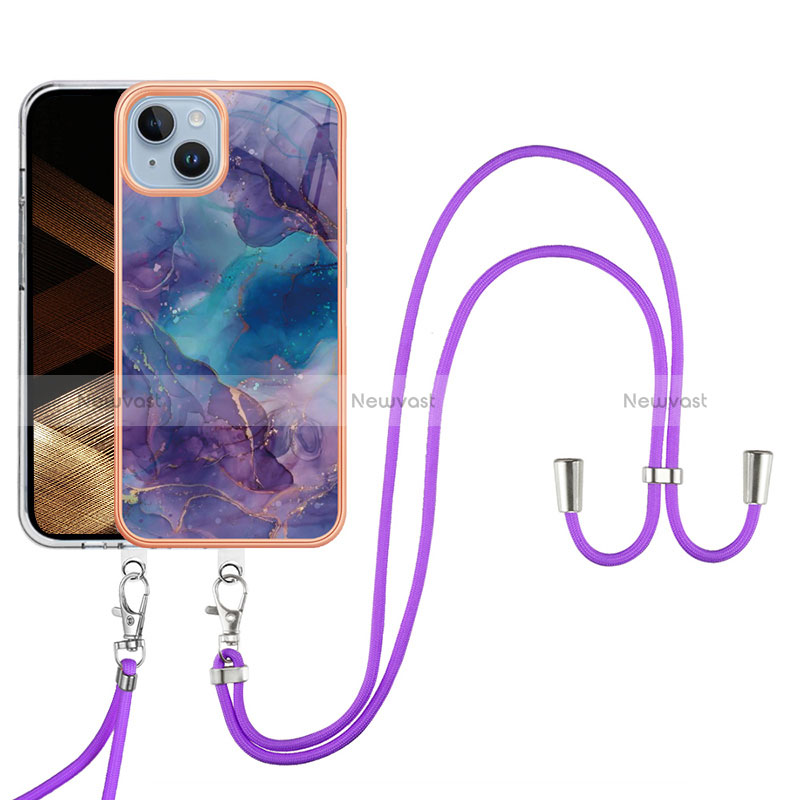 Silicone Candy Rubber Gel Fashionable Pattern Soft Case Cover with Lanyard Strap Y07B for Apple iPhone 14 Plus Purple