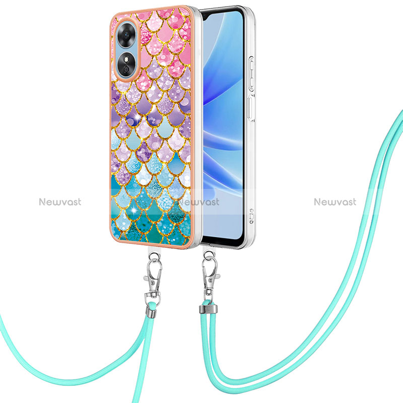 Silicone Candy Rubber Gel Fashionable Pattern Soft Case Cover with Lanyard Strap YB3 for Oppo A17