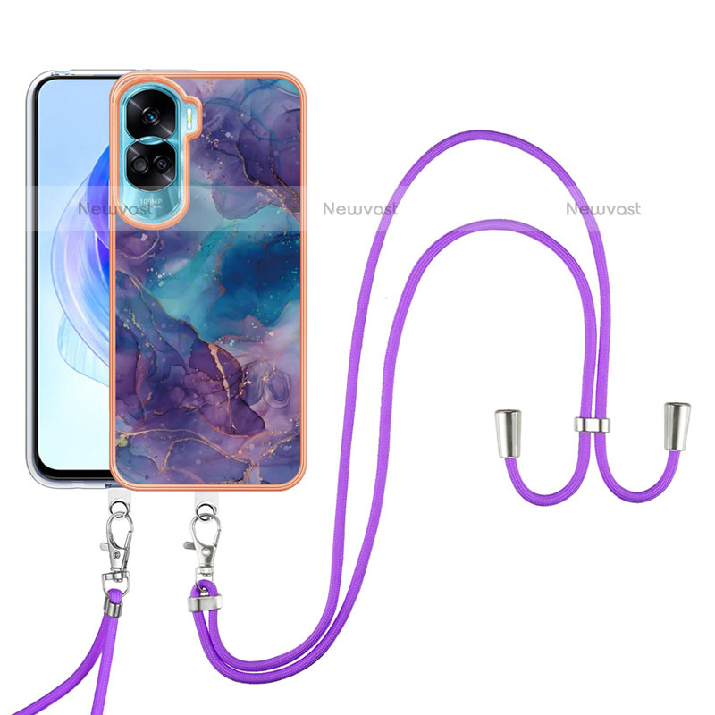 Silicone Candy Rubber Gel Fashionable Pattern Soft Case Cover with Lanyard Strap YB7 for Huawei Honor 90 Lite 5G Purple
